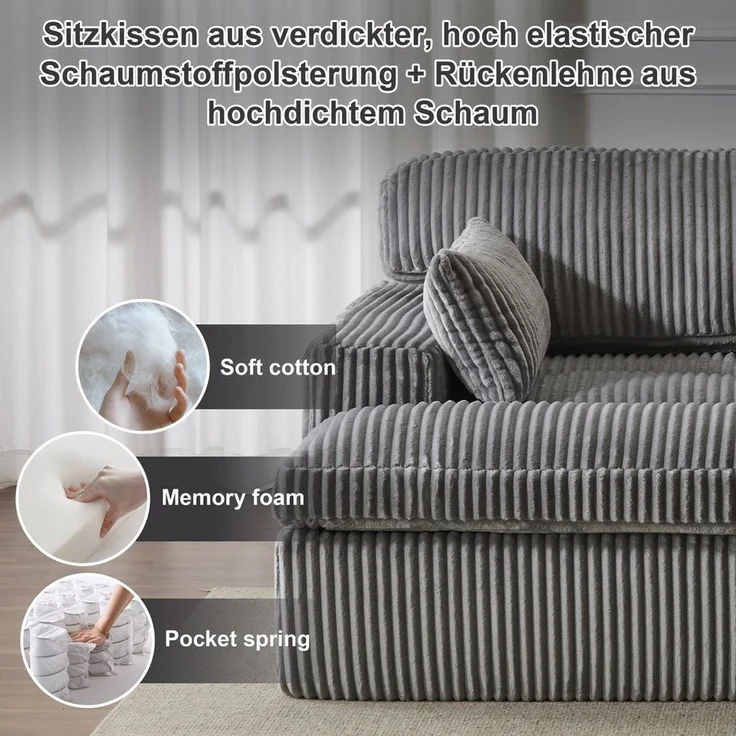 Leawin Sofa Cordsofa 2-Sitzer mit Bettfunktion, modernes Schlafsofa für Wohnzimmer, Weicher Cordbezug, flexible Kombination & ideal für kleine Räume – Bild 2