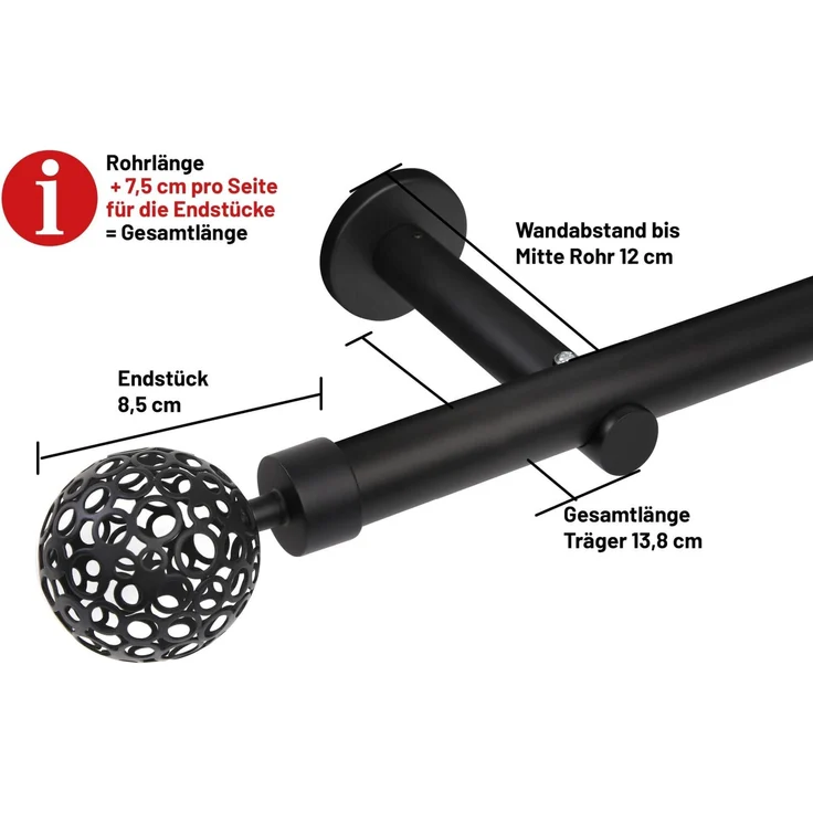Deco-Raum® Deco-Raum Gardinenstange 25mm 1-läufig Kugel | Länge: 310cm | Material: metall | Farbe: Schwarz-matt – Bild 2