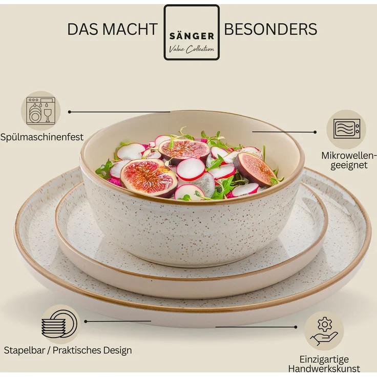 SÄNGER Steingut Geschirrset Rio Creme, Tafelservice 12 teilig für 4 Personen – Bild 4