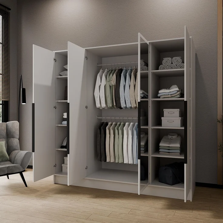 MEBLINI Kleiderschrank LUSINDA 200cm - Weiß Matt - mit schwarzen Griffen - Drehtürenschrank mit zwei Spiegeln - Kleiderstangen und Regalböden – Bild 3