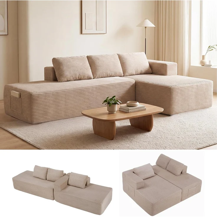 COMHOMA Ecksofa mit Schlaffunktion, 255cm Corduroy Modulares Boneless Couch mit Chaiselongue & Rücken-Metallgestell, L-Form Schlafsofa mit offenem Design, Kissen & Seitentaschen,für Wohnzimmer, Beige-L – Bild 10