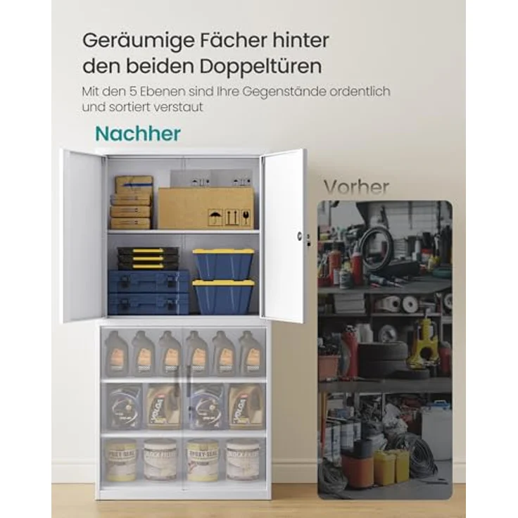 SONGMICS Aktenschrank, Mehrzweckschrank, Büroschrank, mit 4 Türen und 5 Ebenen, 40 x 80 x 180 cm, 2 Schlösser, verstellbare Ablagen, Aufbewahrungsschrank aus Stahl, mattweiß OMC016WG01 – Bild 5