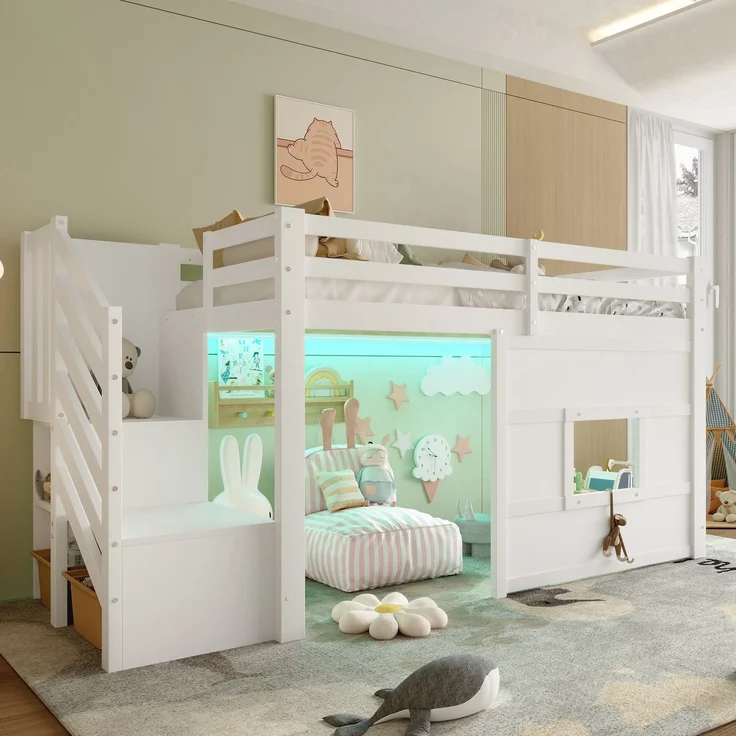 Hochbett mit Lattenrost und LED-Beleuchtung, 90x200 cm, Treppe mit Regal, Kinderbett mit Rausfallschutz, Spielbett, Kiefer – Bild 4