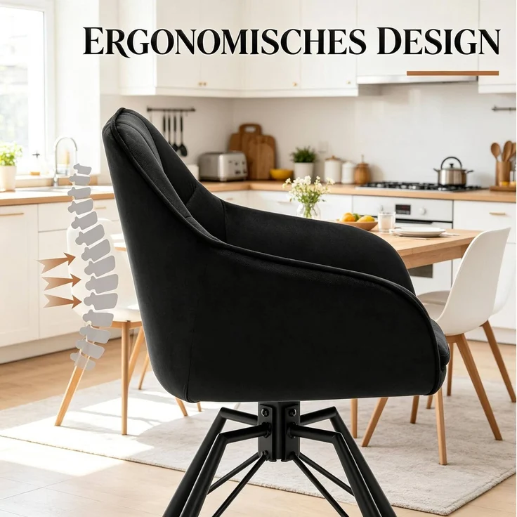Essstuhl 58,5 x 82,5 x 54,5 cm – drehbar mit Armlehnen, Samtbezug und schwarzem Metallgestell, 2er-Set – Bild 7