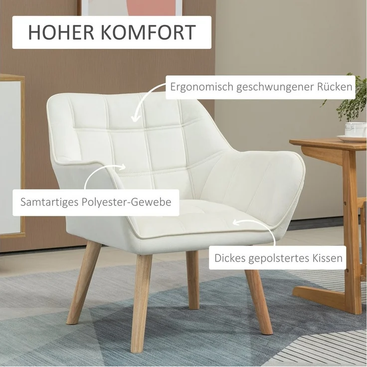 HOMCOM Relaxsessel Einzelsessel Ohrensessel, Sessel mit Samt erhöhte Beine (Esszimmerstuhl, 1-St, Stuhl), für Wohnzimmer, Schlafzimmer, Cremeweiß – Bild 3