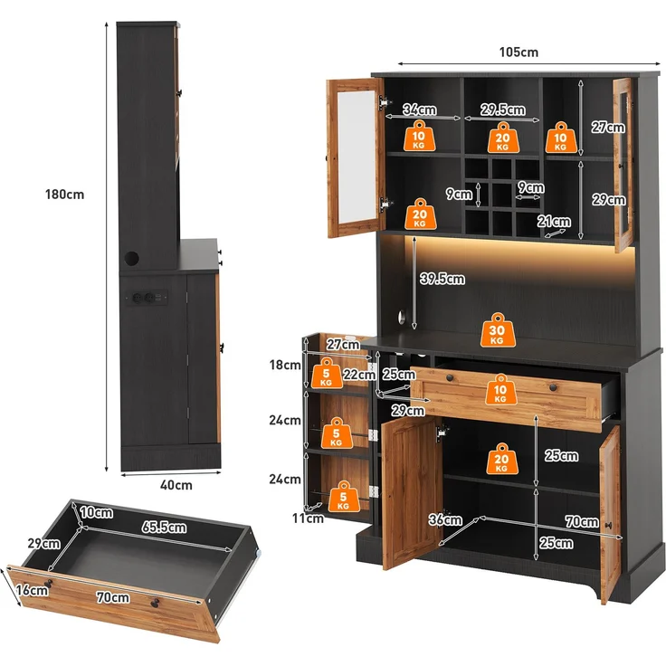 Küchenschrank, Hochschrank, Aufbewahrungsschrank, Vitrinenschrank mit Tür, integriertem Gewürzregal, verstellbaren Einlegeböden,mit farbwechselnder LED-Beleuchtung und Steckdose, 180 × 105 × 40 cm--Schwarz + Natur--105x40x180cm--YOUDENOVA – Bild 7