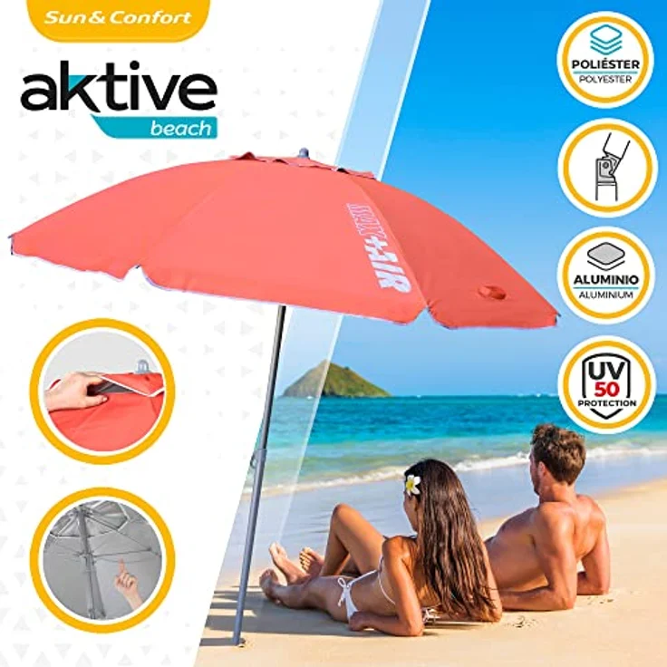 AKTIVE 62245 – Windfester Strandschirm mit UV50-Schutz Koralle | Maße Ø220 cm, höhenverstellbar | Windabweisend | Inklusive Aufbewahrungstasche mit Tragegriff – Bild 3
