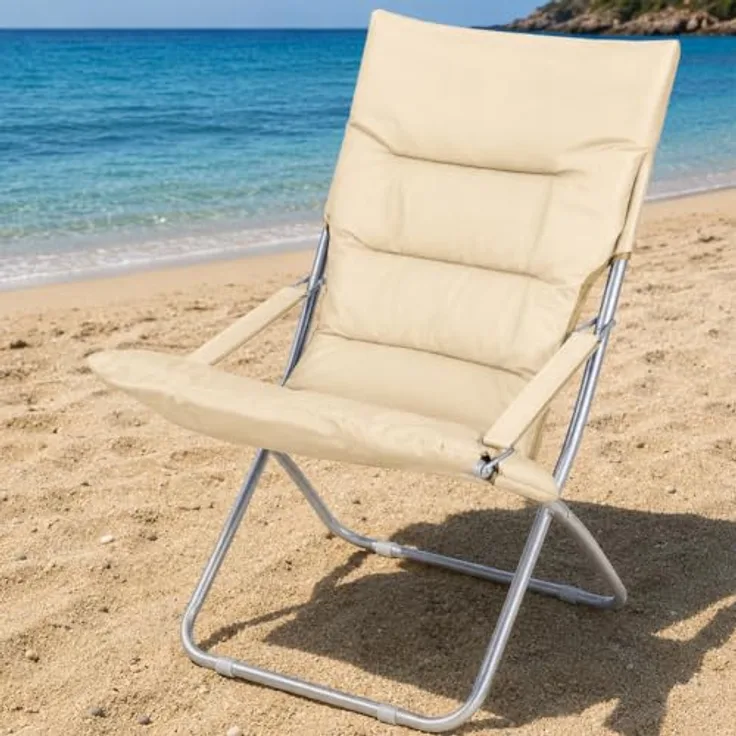 BAKAJI Klappbarer Strandstuhl, tragbar, zusammenklappbar, Gestell aus Aluminiumrohr, Bezug aus Oxford-Gewebe, für Strand, Meer, Camping, Beige