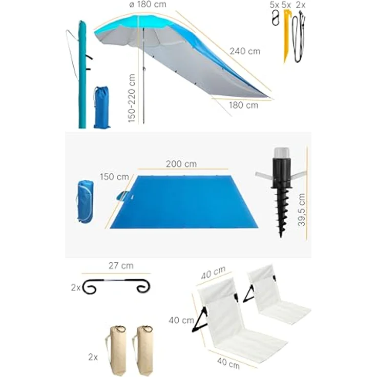 4smile Sonnenschirm 6er-Set in Türkis, Ø 180 cm, Sonnenschirm Strand, komfortable Strandliege, Schirmständer Erdspieß, Sonnensegel Strand, kompakte Stranddecke(1,5x2 m), Schirmhülle – Bild 7