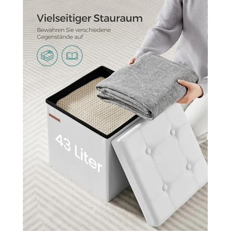 Songmics Sitzhocker 38 cm, Aufbewahrungsbox faltbar, Fußhocker mit Deckel, aus Kunstleder, bis 300 kg belastbar, für Eingang, Wohnzimmer, Schlafzimmer, wolkenweiß LSF030W11 – Bild 6