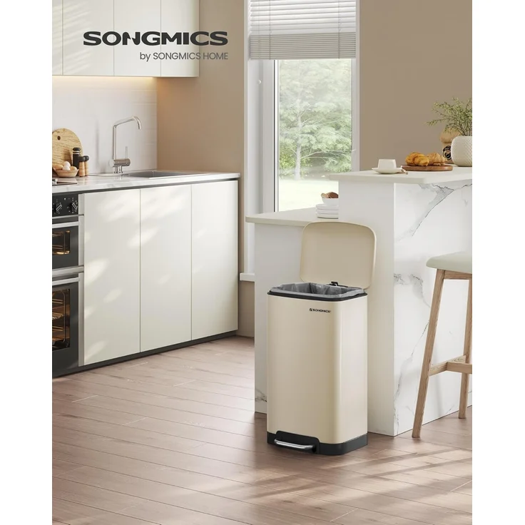 SONGMICS Abfalleimer für die Küche, 30 l, Abfalleimer aus Stahl mit Pedal, Deckel und Inneneimer, sanfter Verschluss, Wolkenweiß LTB001A01 – Bild 2