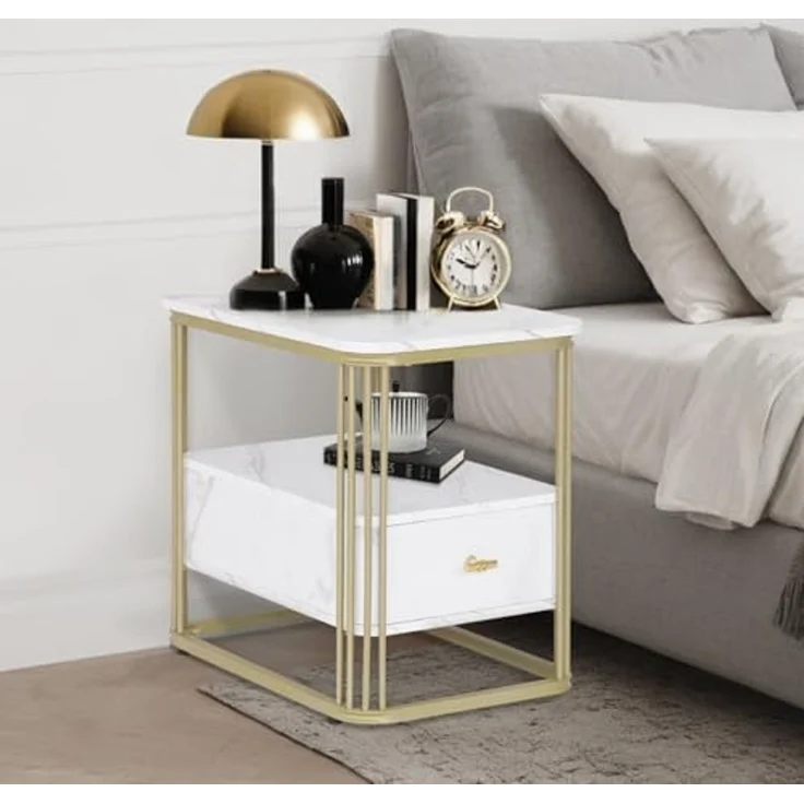 M MCombo Beistelltisch mit Schublade, Modern Sofatisch Marmor Weiß Gold, Klein Kaffeetisch Metallgestell, Nachttisch mit 2 Ablagen, Couchtisch für Wohnzimmer, 60x40x55, 2138 – Bild 7