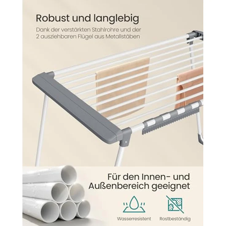 SONGMICS Wäscheständer, Standtrockner, ausziehbare Flügel, Flügelwäscheständer, 22 m Trockenfläche, Flügelwäschetrockner mit Sockenhalter, klappbar, perlweiß-Taubengrau LLR522WK01 – Bild 5
