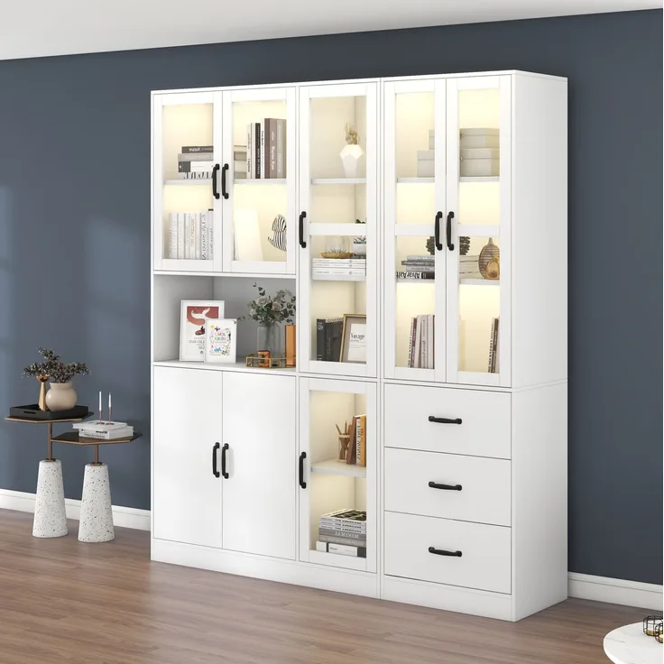 DESVIAE Vitrine Kombi-Set Weiß aus Spanplatte – 180x200x40 cm – LED-Beleuchtung, 8 Türen, 3 Schubladen