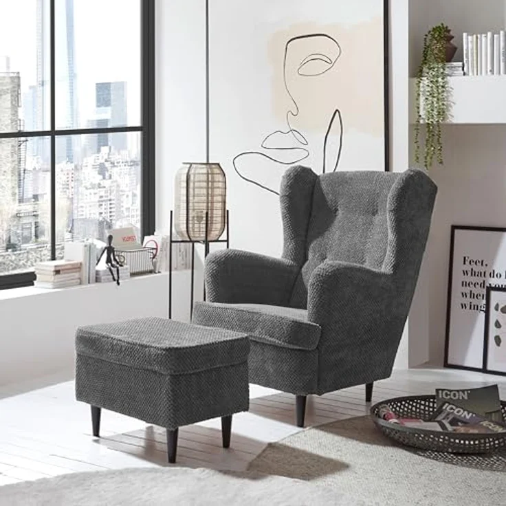 Stella Trading Oskar Fußhocker gepolstert, Anthrazit - Vintage Polsterhocker für Sessel, Couch und Sofa - 63 x 43 x 42 cm (B/H/T) – Bild 5