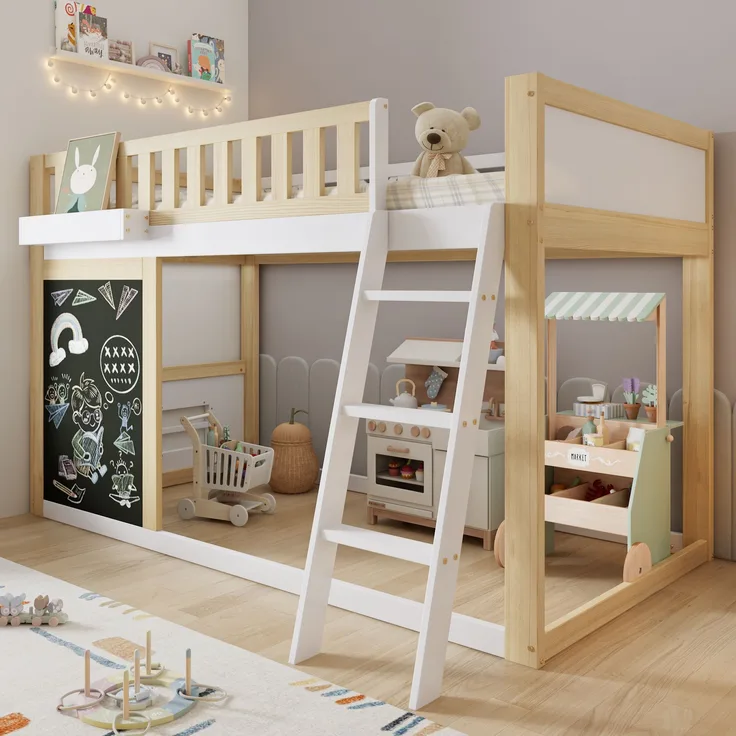Hochbett, Kinderbett kleine Tafel zum Bemalen mit Aufbewahrungsbox Sicherheitsgeländer individuell anpassbarer Stauraum unter dem Bett, Kiefer+MDF, Weiß+Natur, 90x200cm