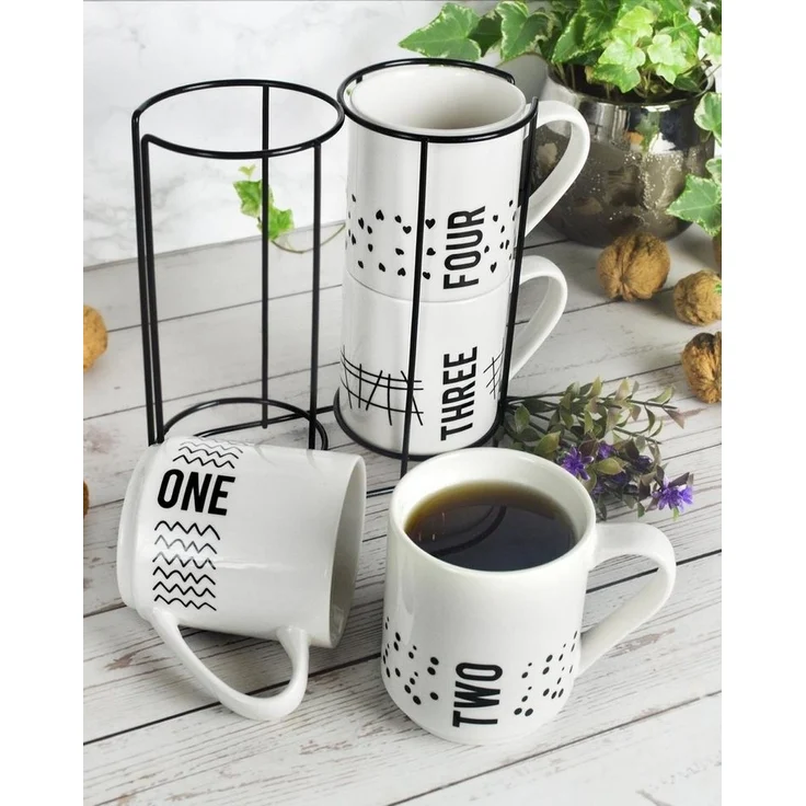 4 Kaffeebecher 300ml aus Porzellan mit Metallständer Kaffeetassen Becher Tasse Mug – Bild 2