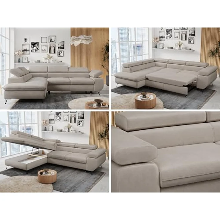 Mks Möbel 'Peter L-form' Ecksofa mit Bettfunktion, Bettkasten & einstellbaren Kopfstützen, Beige, Mikrofaser, links – Bild 2