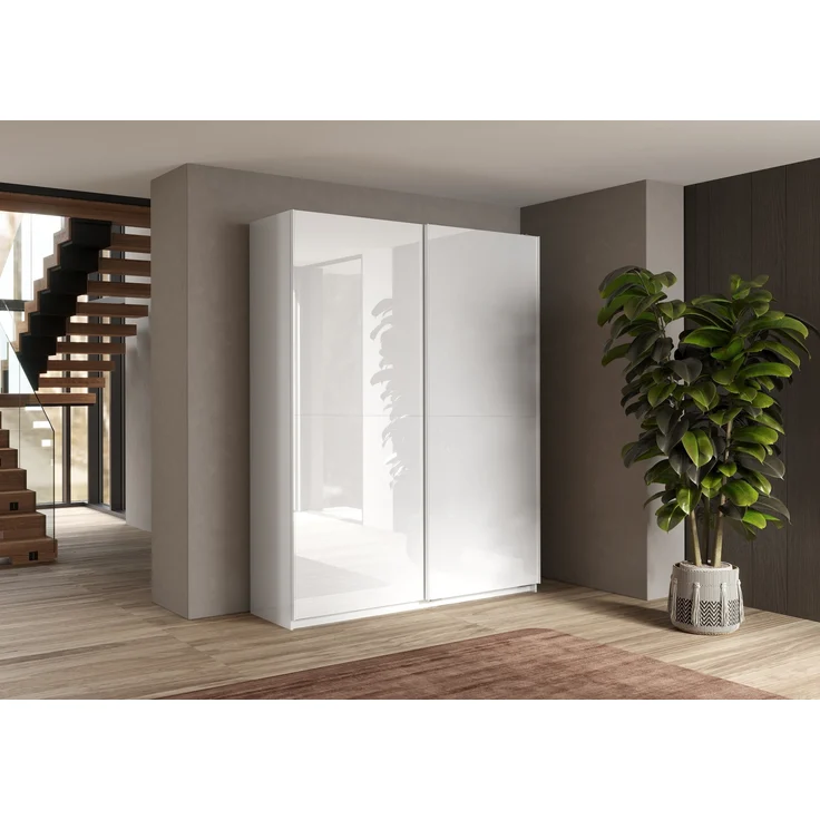 Schwebetürenschrank >Salva< 2 Böden, 4 Stangen, Weiss Hochglanz / Weiss - 180x230x55cm (B/H/T) – Bild 2