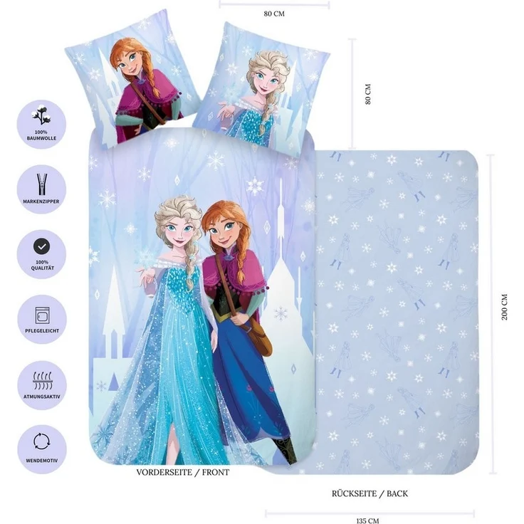 MTOnlinehandel Kinderbettwäsche "Snowflake" Renforcé in 135x200+80x80 cm, Frozen, 100% Baumwolle, 2 teilig, Eiskönigin, Mädchenbettwäsche mit Anna & Elsa – Bild 2