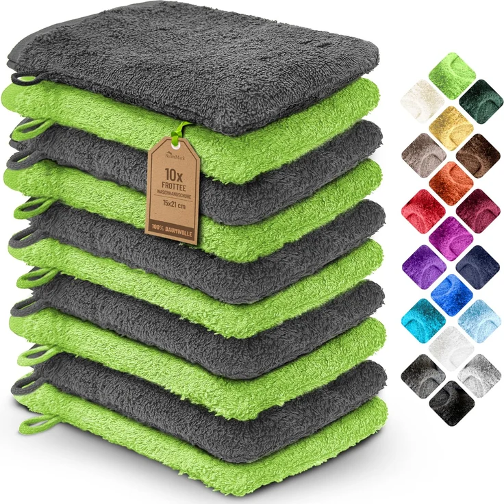 NatureMark 10x Waschhandschuhe aus Frottee 100% Baumwolle – Weich und Robust, Ideal für die tägliche Pflege und Gäste – Anthrazit/Apfelgrün 15x21 cm