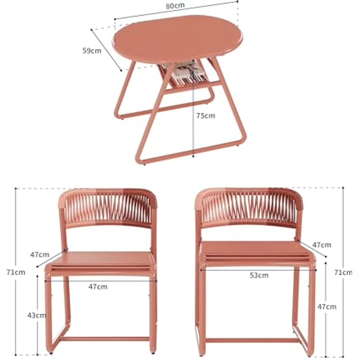GarveeHome Bistrotisch mit 2 Stühlen, Modernes 3-teiliges Bistro-Set für Garten, Balkonmöbel Set mit 80cm Tisch&2 Stühle aus wetterfestem, Terrassenmöbel Möbel Set für Kleinen Balkon（Orange） – Bild 6