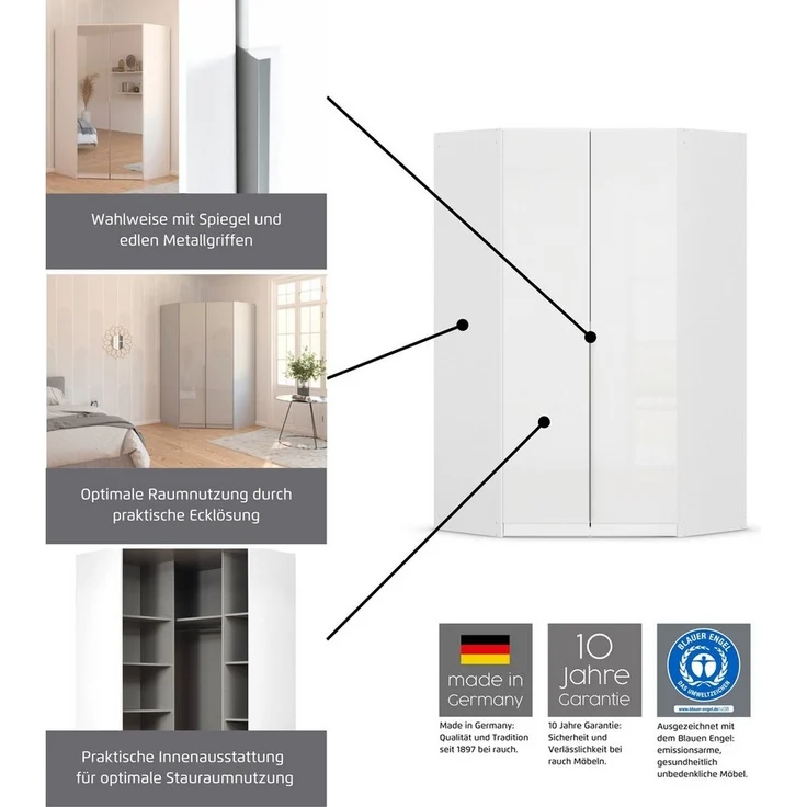 OTTO home Eckkleiderschrank Kleiderschrank Schrank Ankleidezimmer Schlafzimmer Garderobe AGORDO (in zwei Griff-Farben, Breite/Tiefe 117x117 cm, Höhen 210/229 cm) mit Spiegeltüren, voll ausgestattet mit viel Stauraum MADE IN GERMANY – Bild 3