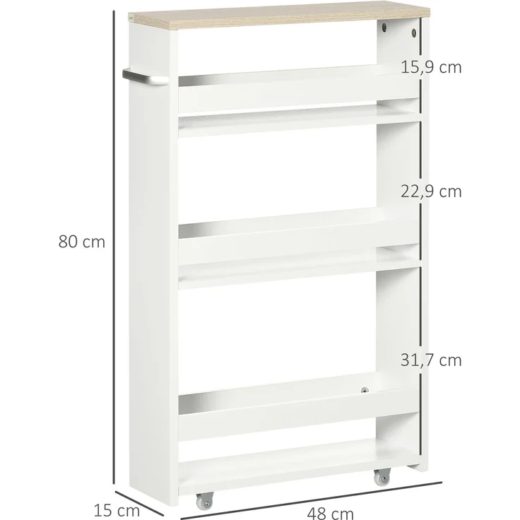 Rayofly-3-stöckiger Rollwagen für schmale Küche, Bad, Waschküche und Büro, mit Griff, Weiß, H 80cm x T 48cm x B 15cm – Bild 5