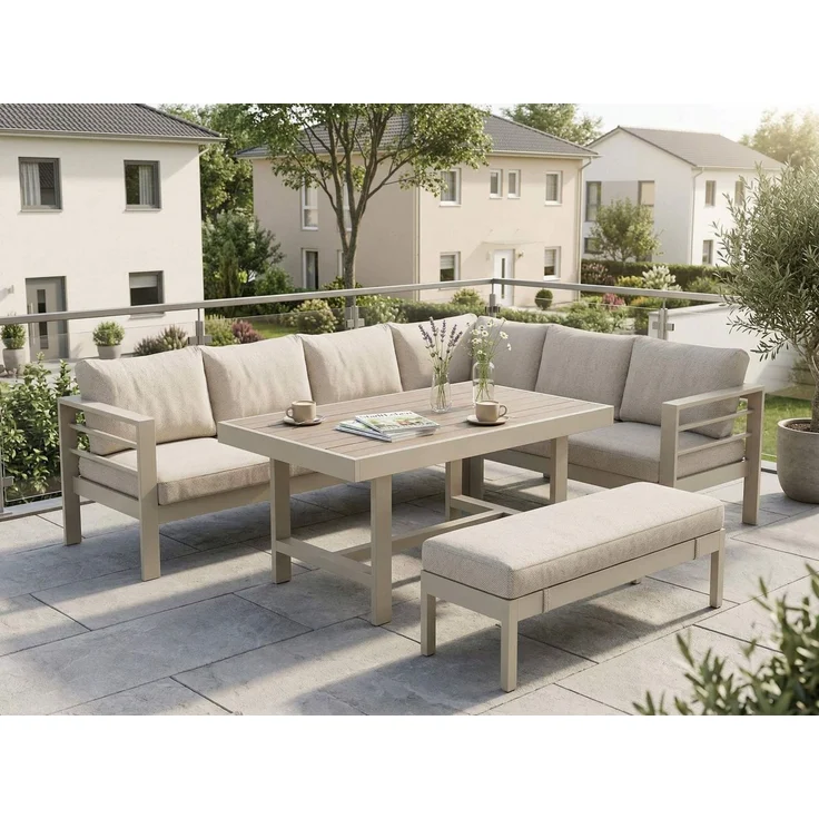 MeXo Gartenlounge-Set XXL Gartenmöbel Set Aluminium für 6-8 Personen, (Dining Loungeset Outdoor, 5-tlg, mit 12 cm dicken Sitzkissen, pflegeleichte Polywood-Tischplatte), wetterfeste Ecklounge mit Esstisch – Bild 5