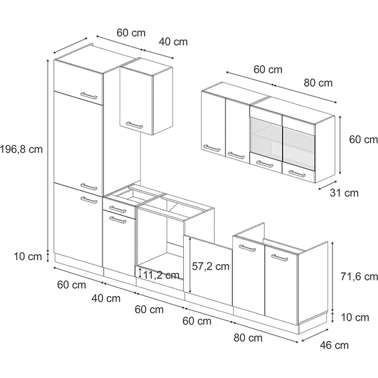 Küchenzeile R-Line Schwarz Hochglanz/Anthrazit 300 cm ohne Arbeitsplatte Vicco – Bild 3