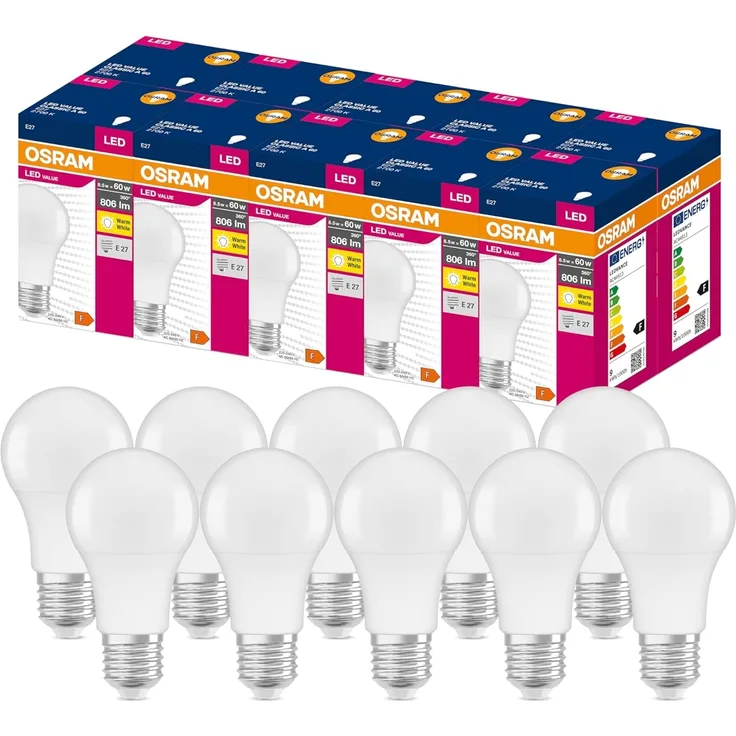 OSRAM 4052899326859 LED (RGB) Lampe EEK F (A - G) E27 Glühlampenform 8 5 W = 60 W Warmweiß (Ø x L) 60 mm x 113 mm 10 Stück