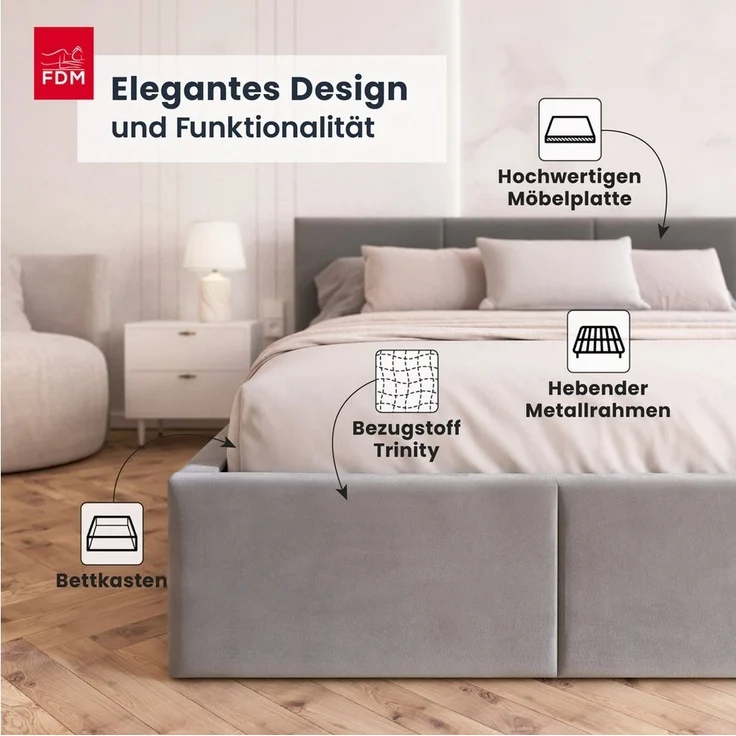 FDM Polsterbett AMBER modern mit Bettkasten MADE IN EU - mit Trinity Velours Bezug (verfügbar 90x200 120x200 140x200 160x200 180x200cm, Bettrahmen, Bett, mit großen gepolsterten Kopfteil, mit Bettkasten zum aufklappen), Hebbarer Metallrahmen, Bettkaste... – Bild 2