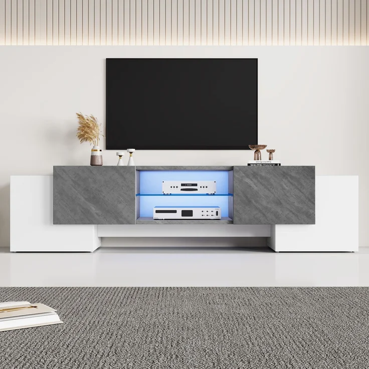 TV Lowboard 180cm weiß grau mit LED Beleuchtung App 4 Türen für 60-70 Zoll Fernseher Spanplatte – Bild 4