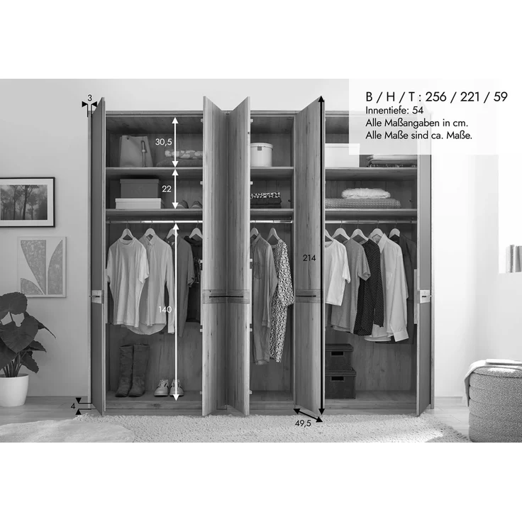 Kleiderschrank 5-trg. 256cm 'Ancona' Wildeiche teilmassiv geölt – Bild 5