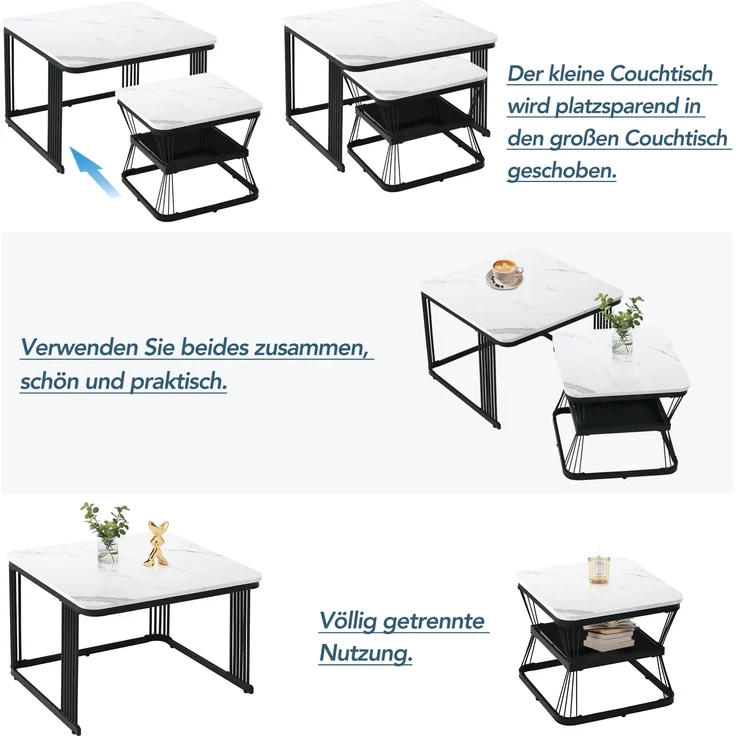 2er-Set Beistelltische, Marmoroptik weiß/schwarz, 65x65x45 & 45x45x39,5 cm – Bild 8