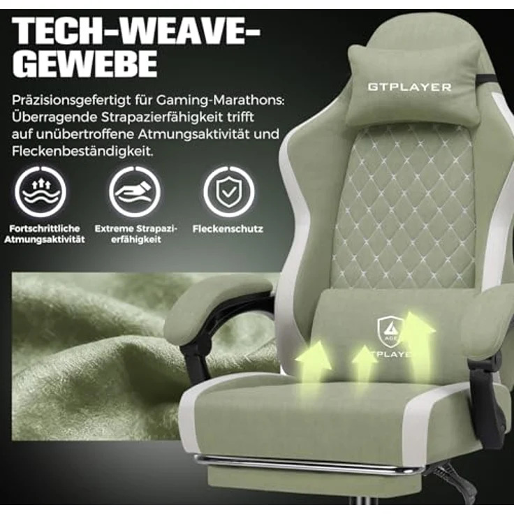 GTPLAYER Gaming Stuhl Ergonomischer, PC Stuhl Atmungsaktiver Stoff, Groß und Hoch Drehbarer Schreibtischstuhl mit Fußstütze,Verstellbare Lendenwirbelstütze und Kopfstütze,Grün – Bild 7