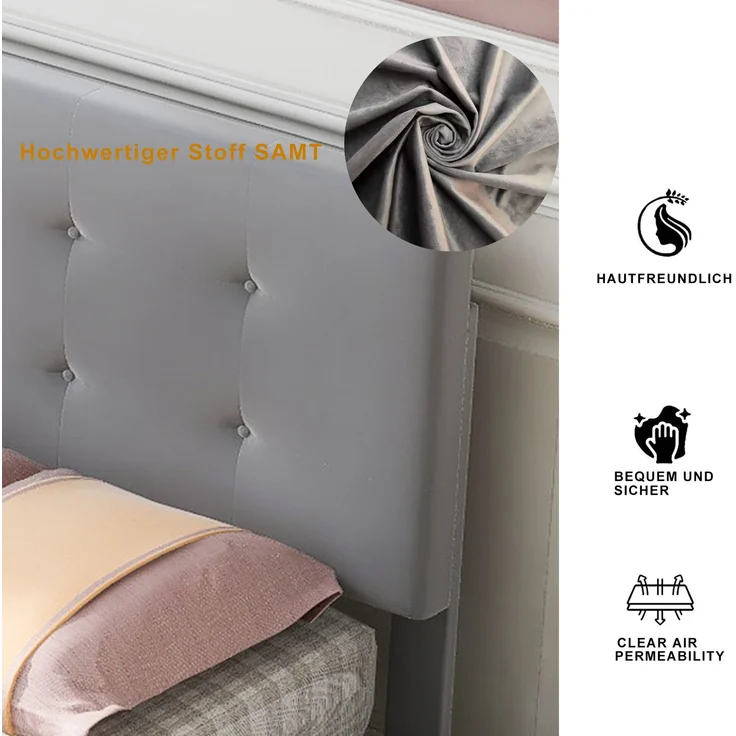 Polsterbett mit Stauraumschublade, Samtstoff, modernes Kinder- & Gästebett, robustes Lattenrost,Grau – Bild 6