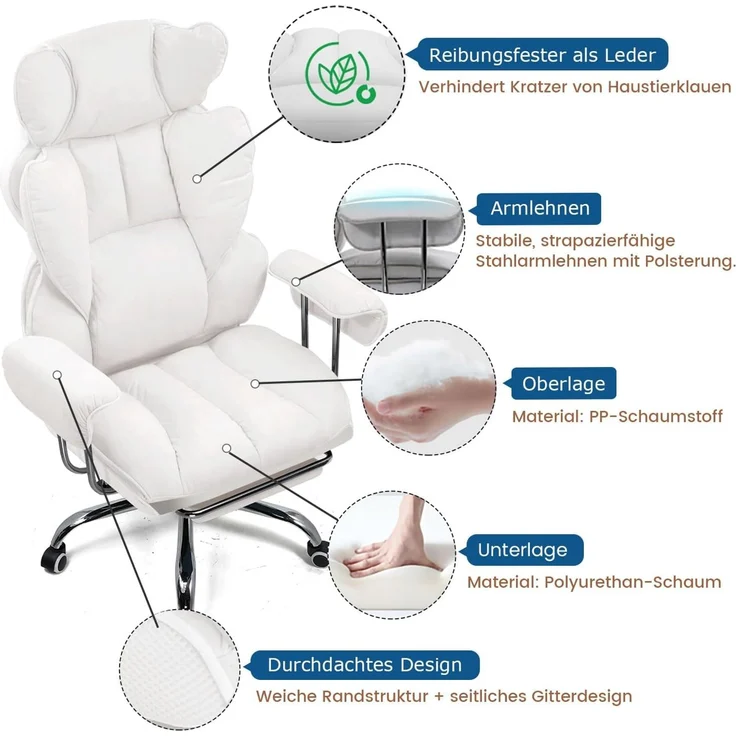 GTPLAYER Gaming Stuhl, Gamer Stuhl, Ergonomischer Bürostuhl mit Fußstütze, Kunstleder, Federsitzkissen, Gaming Chair Gepolstert, Gaming Sessel 180kg Belastbarkeit weiß – Bild 4