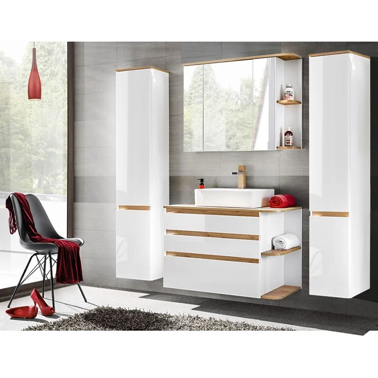 Badezimmer Spiegelschrank, CAMPOS-56 weiß mit Wotaneiche, B/H/T: ca. 94/71/20 cm – Bild 4