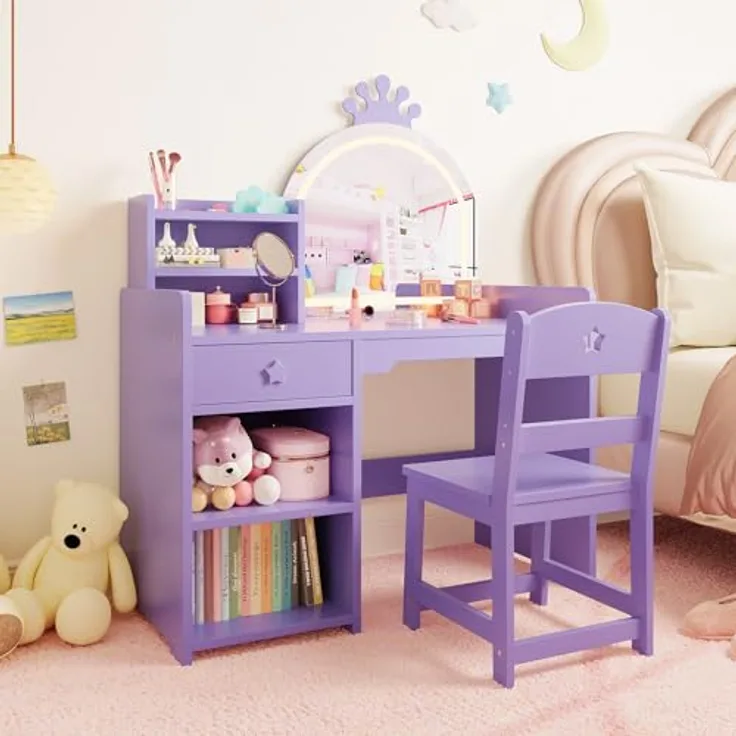 2 in 1 Schminktisch Kinder Set, Kinderschminktisch mit Spiegel & LED-Lichtern, Schminktisch für Mädchen, Kinderschminktisch mit Hocker, Schubladen, Offenen Fächern, Prinzessin Frisiertisch Holz, Lila
