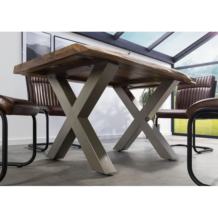 Baumtisch Sheesham 140x90x77 natur gebeizt / X-Beine silber matt FREEFORM 5 – Bild 3