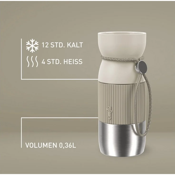 Emsa beYou Cup Mug Isolier-Trinkbecher, 0,36 Liter, aromatischer Trinkgenuss, 100% dicht, spülmaschinengeeignet, für unterwegs, draußen, Büro, mit Trageband, Hellgrau, N2194500 – Bild 3