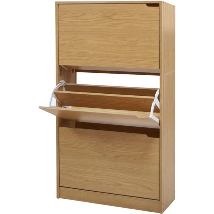 BAKAJI Schuhschrank aus MDF-Holz mit 3 Türen, Schuhregal, versenkbare Griffe, doppelte Tiefe, kompakte Größe, 63 x 24 x 115 cm, platzsparend, Eingangsbereich zu Hause (Eiche) – Bild 1