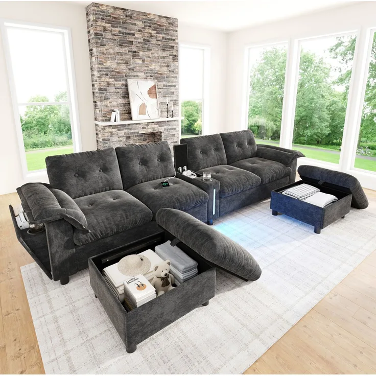 Modulares Ecksofa 312x142x82 cm für 6–7 Personen mit 2 Stauraum-Hockern, Chenille, Grau