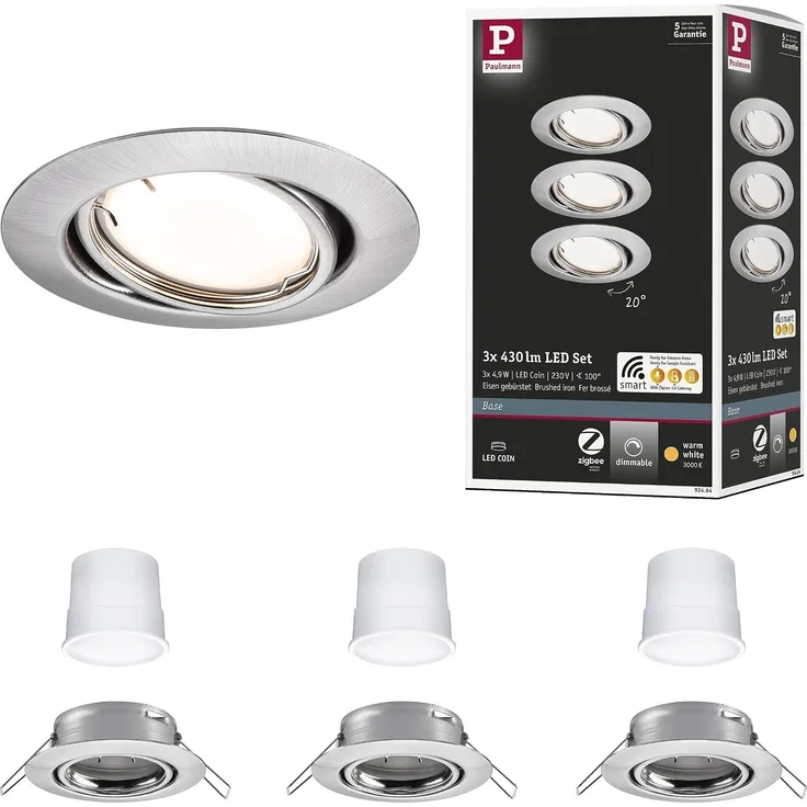 Paulmann 92464 Zigbee LED Einbauleuchte Base Coin Basisset Eisen gebürstet 3000K