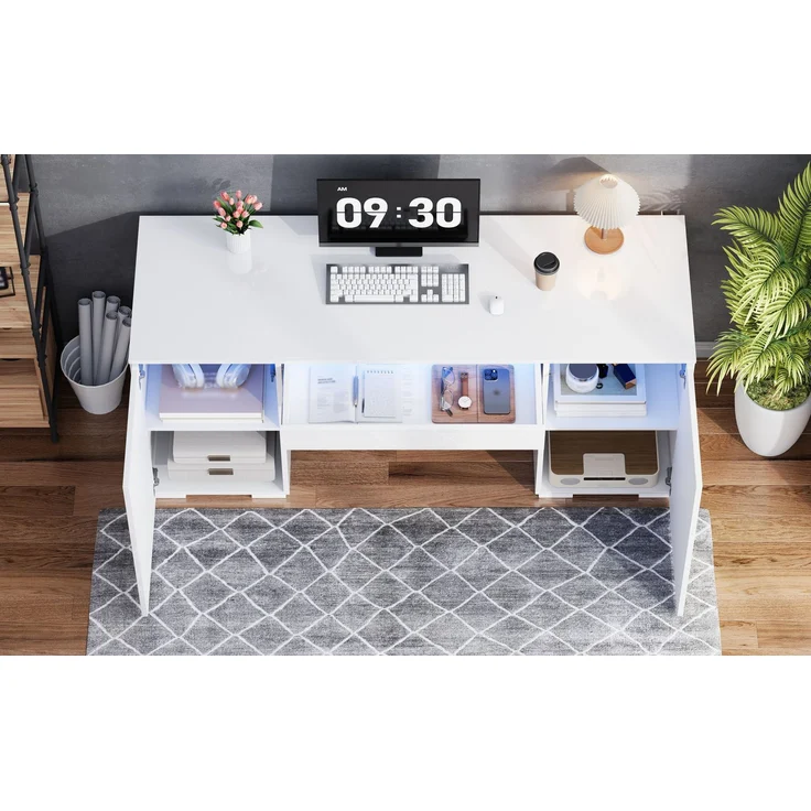 ZUBALIYA 140x50cm großer Schreibtisch in Hochglanz, mit LED-Beleuchtung, 1 Schublade und 2 Türen, moderner Computertisch mit extra großer Arbeitsfläche, Schminktisch mit Stauraum, in Weiß-Hochglanz – Bild 15