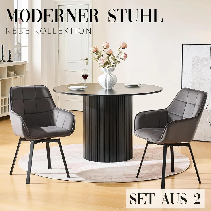 Esszimmerstuhl Drehbar Armlehne Polsterstuhl 2er Set Samt Dunkelgrau – Bild 4