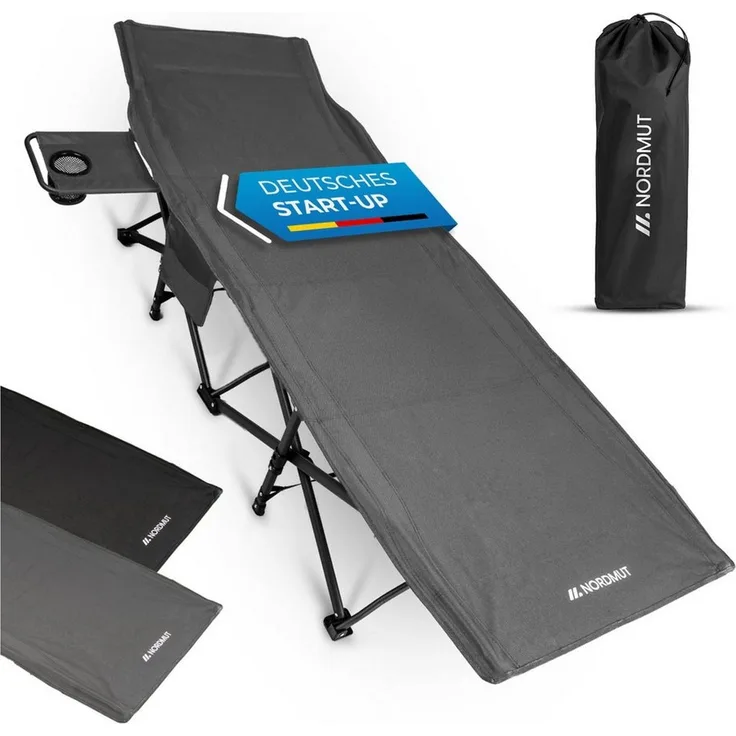 Nordmut Feldbett Klappbar mit Matratze, Campingbett Gästebett, Outdoor Erwachsene (Spar-Set, 1-St, Nordmut Kebne mit Auflage, Nachttisch & Tragetasche) mit Auflage, Tragetasche, Seitentasche, Nachttisch, 200 kg belastbar