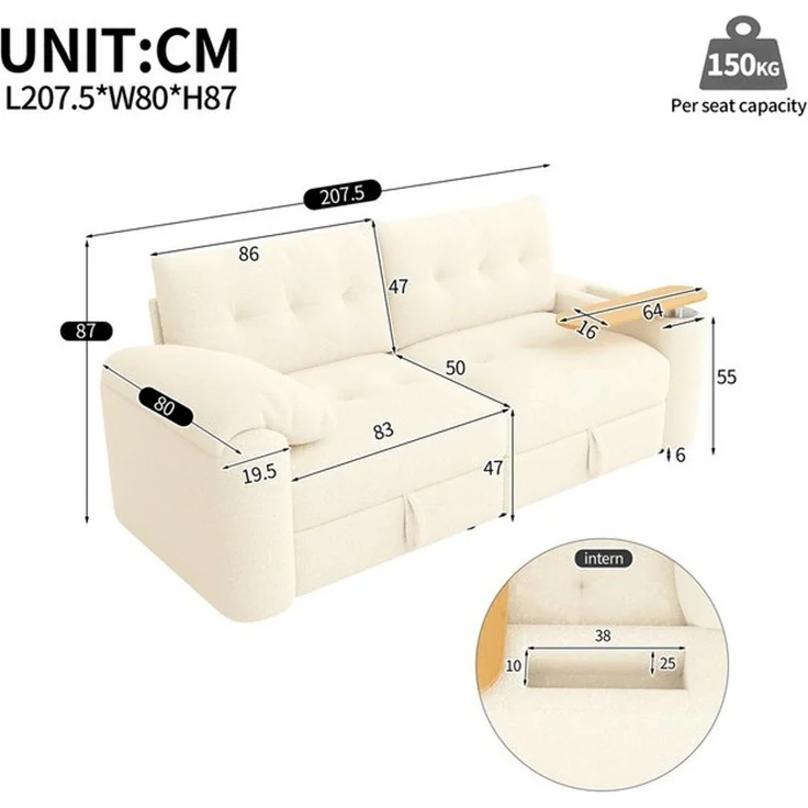 Odikalo Sofa Ecksofa 2-Sitzer mit Schlaffunktion Stauraum und Beistelltisch, mit Stauraum, Kopfstütze & integriertem Beistelltisch – platzsparende Schlafcouch für Apartment, Wohnzimmer & Gästezimmer – Bild 4