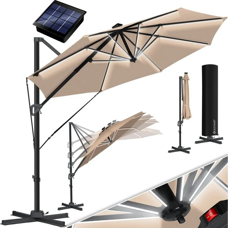 KESSER® Sonnenschirm Ampelschirm SUN Rund XL Ø330 cm Inkl. Windschtzseile & Abdeckung 7-Fach Verstellbar Drehbar Neigbar Kippbar Groß 360° Drehbar Gartenschirm mit Kurbel Sonnenschutz UV50+ Taupe, Mit LED – Bild 5